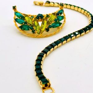 Vintage Green Rhinestone Bracelet & Brooch